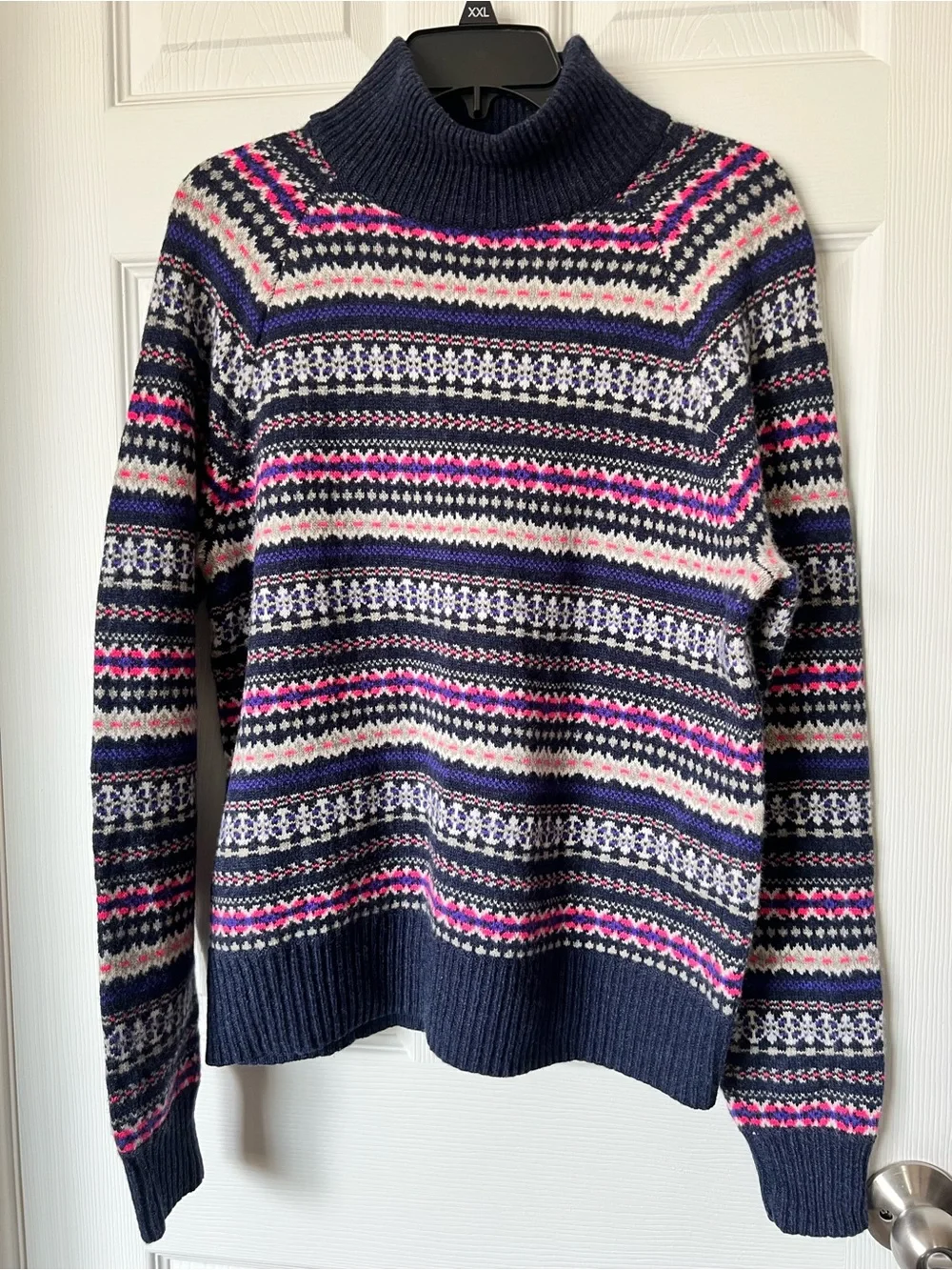 J. Crew Navy Fair Isle Turtleneck with Pink and Cream Stripes. 100% Wool. XL